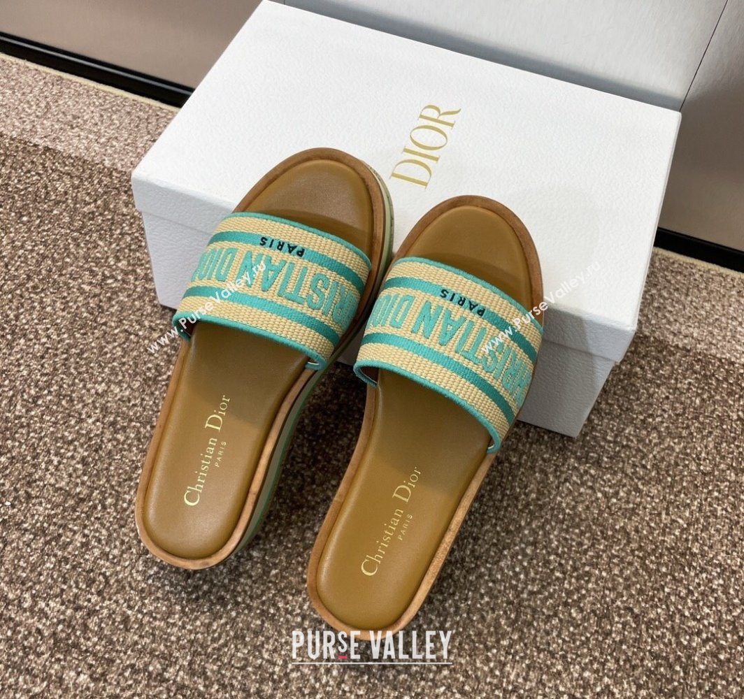 Dior Dway Wood Platform Slides Sandal 4cm in Raffia and Embroidered Cotton Beige/Green 2025 (MD-250425077)
