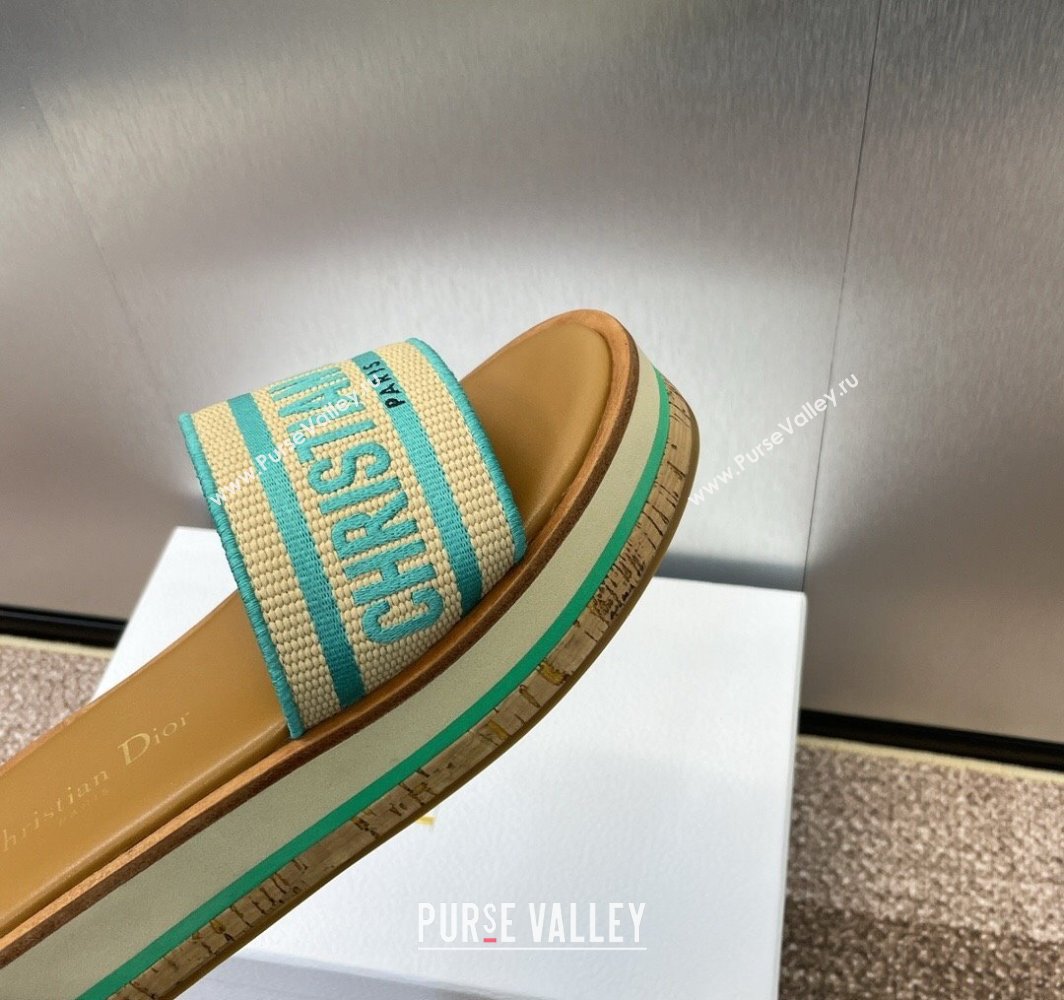 Dior Dway Wood Platform Slides Sandal 4cm in Raffia and Embroidered Cotton Beige/Green 2025 (MD-250425077)