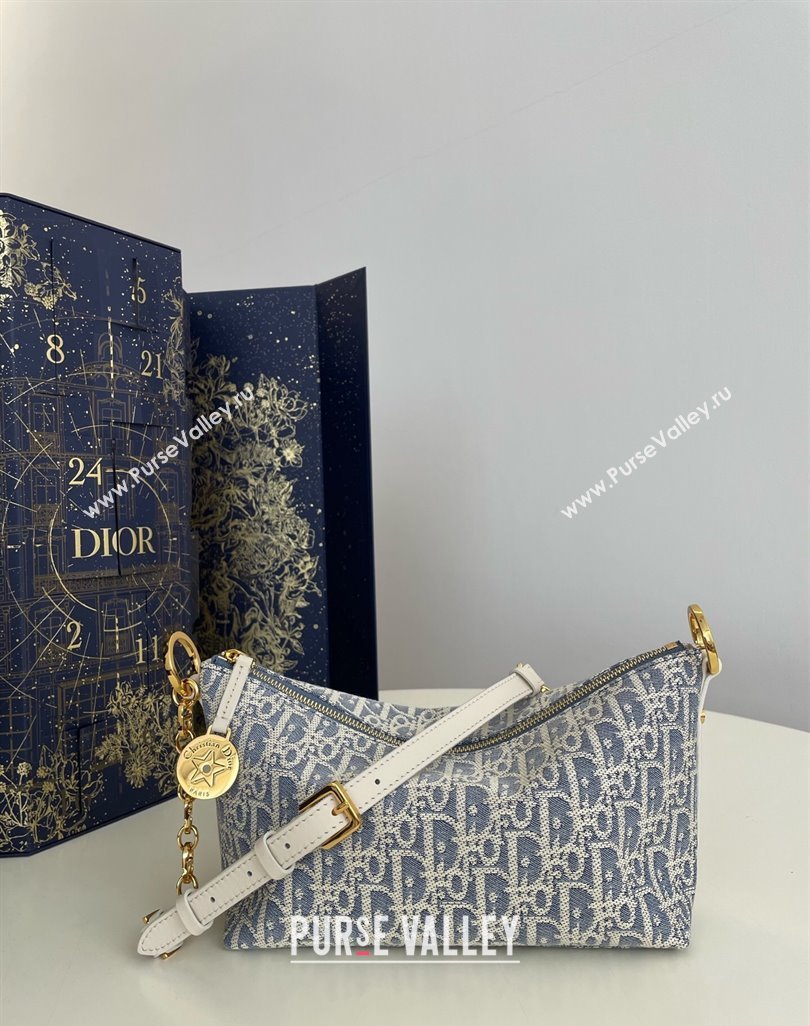 Dior Diorstar Hobo Bag with Chain in Blue Dior Oblique Chambray with Raffia Effect and Smooth Calfskin 2025 (XXG-250521143)