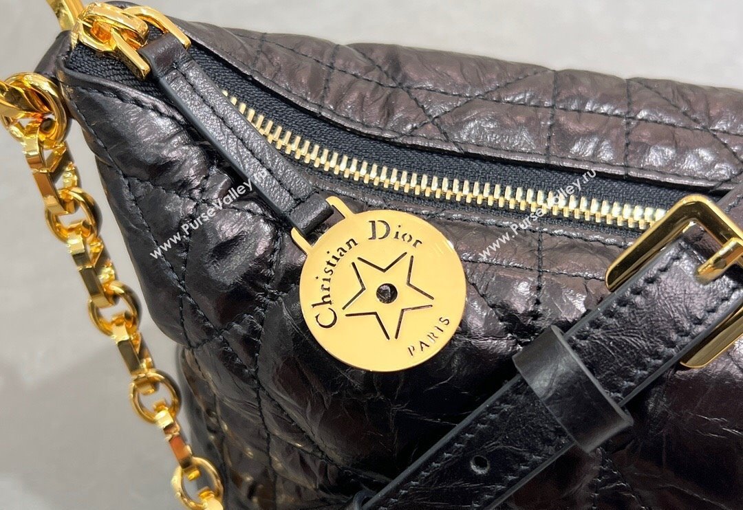 Dior Diorstar Hobo Bag with Chain in Black Macrocannage Crinkled Calfskin 2025 (XXG-250521141)