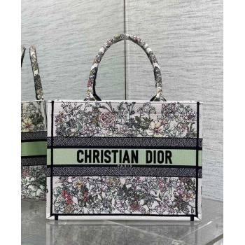 Dior Medium Book Tote Bag in Latte White Embroidery with Green Multicolor D-Floral Embroidery 2025 (XXG-250627074)