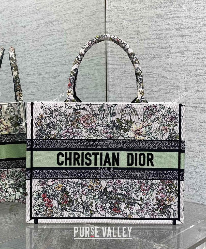 Dior Medium Book Tote Bag in Latte White Embroidery with Green Multicolor D-Floral Embroidery 2025 (XXG-250627074)