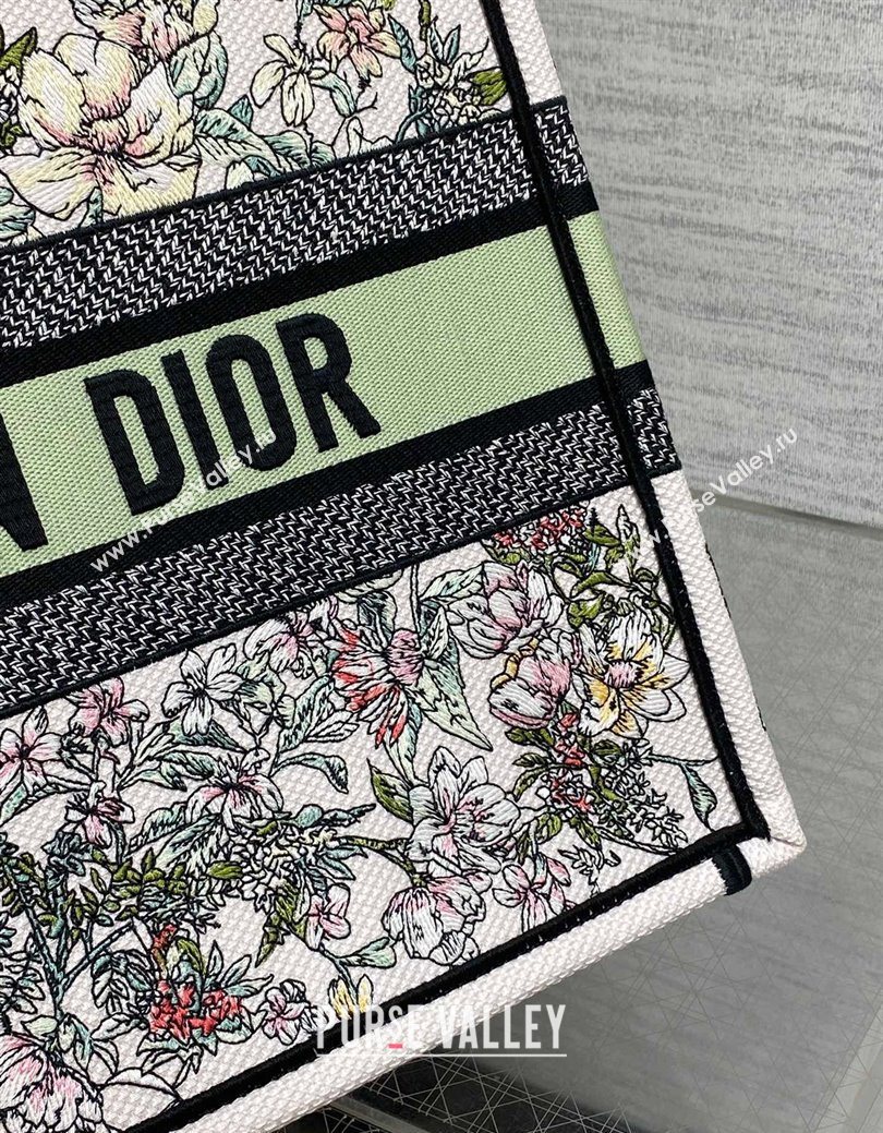 Dior Medium Book Tote Bag in Latte White Embroidery with Green Multicolor D-Floral Embroidery 2025 (XXG-250627074)