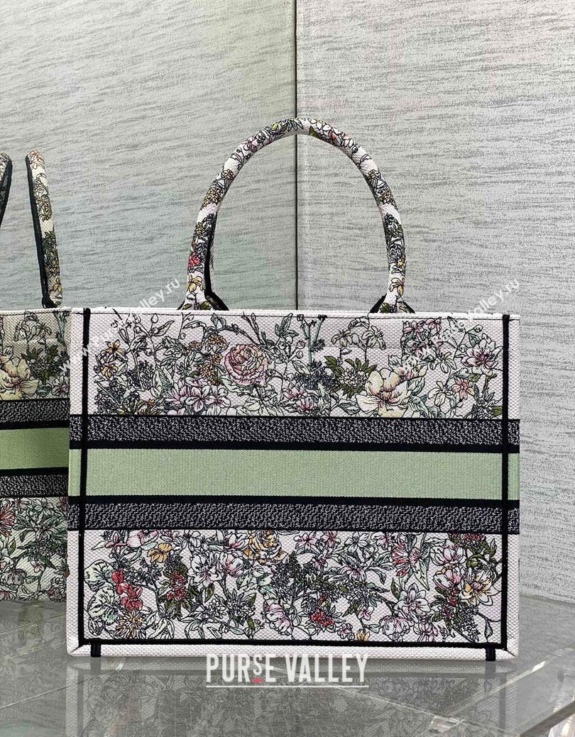 Dior Medium Book Tote Bag in Latte White Embroidery with Green Multicolor D-Floral Embroidery 2025 (XXG-250627074)