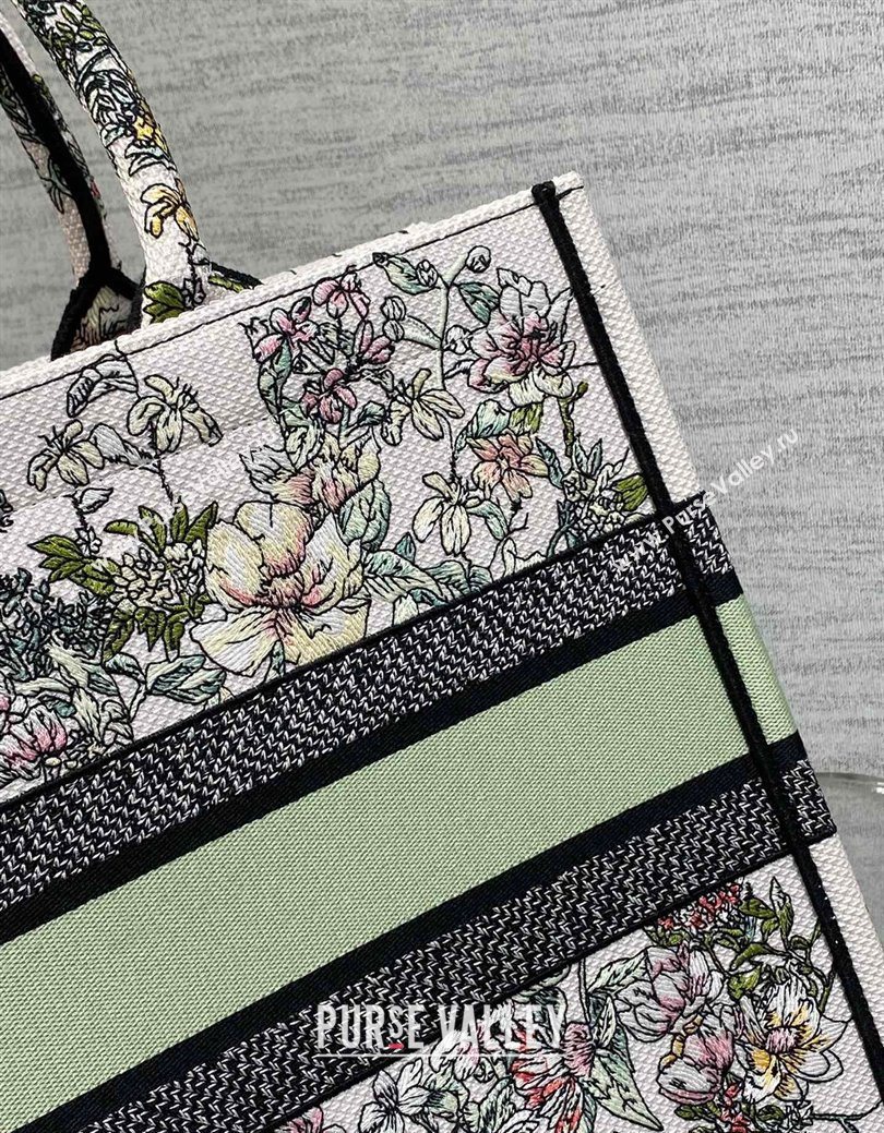 Dior Medium Book Tote Bag in Latte White Embroidery with Green Multicolor D-Floral Embroidery 2025 (XXG-250627074)