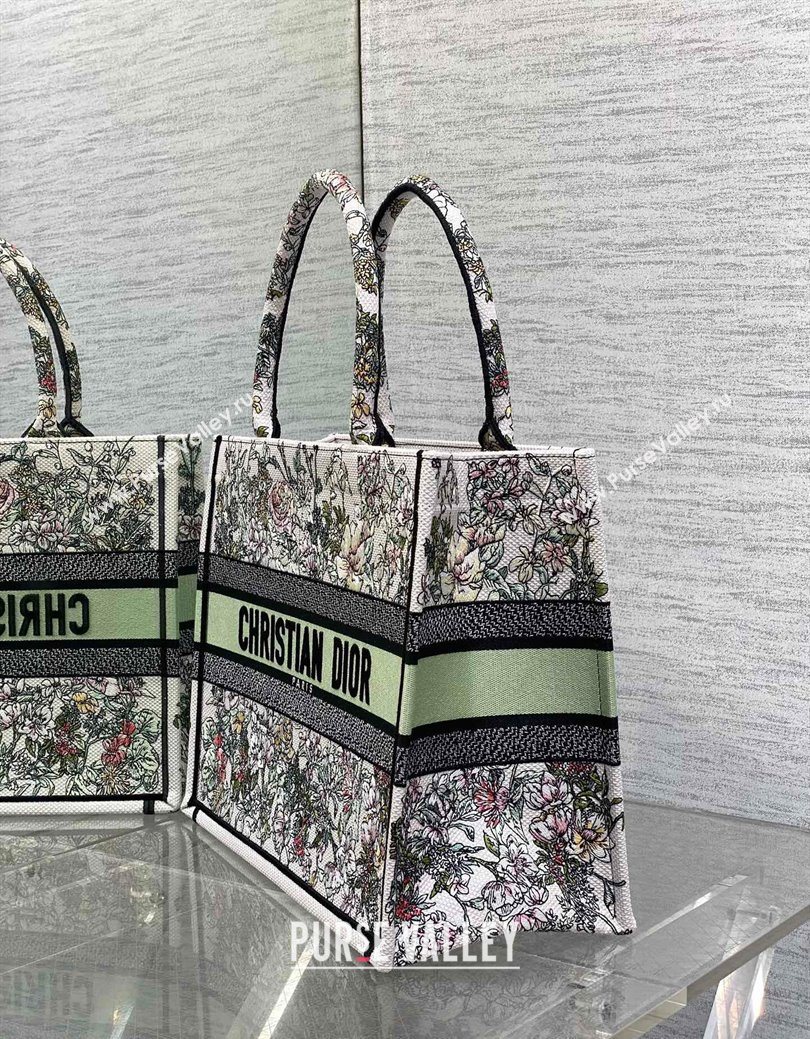 Dior Medium Book Tote Bag in Latte White Embroidery with Green Multicolor D-Floral Embroidery 2025 (XXG-250627074)