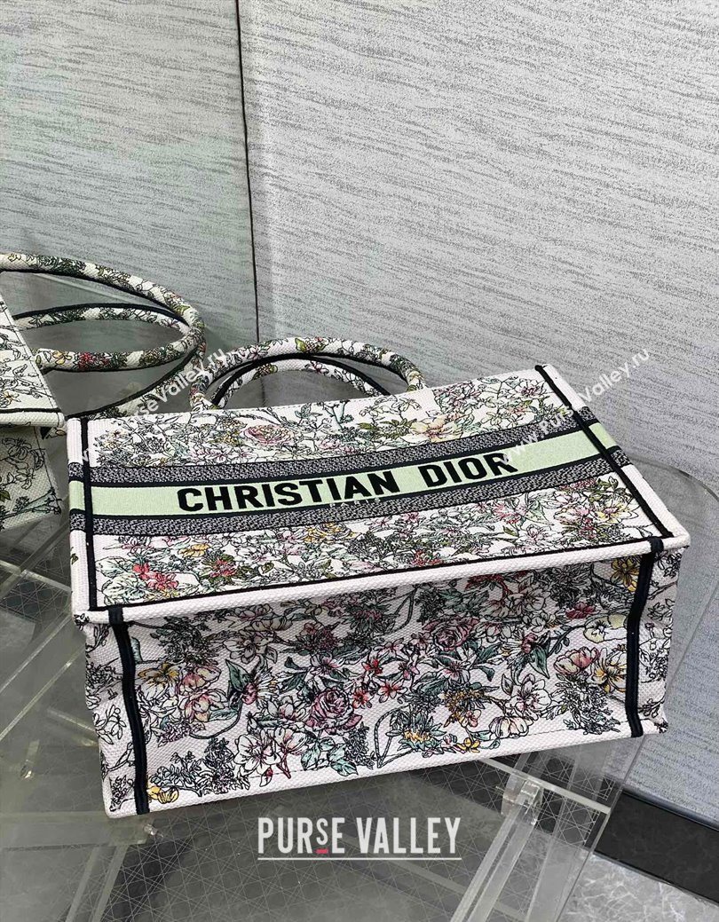 Dior Medium Book Tote Bag in Latte White Embroidery with Green Multicolor D-Floral Embroidery 2025 (XXG-250627074)