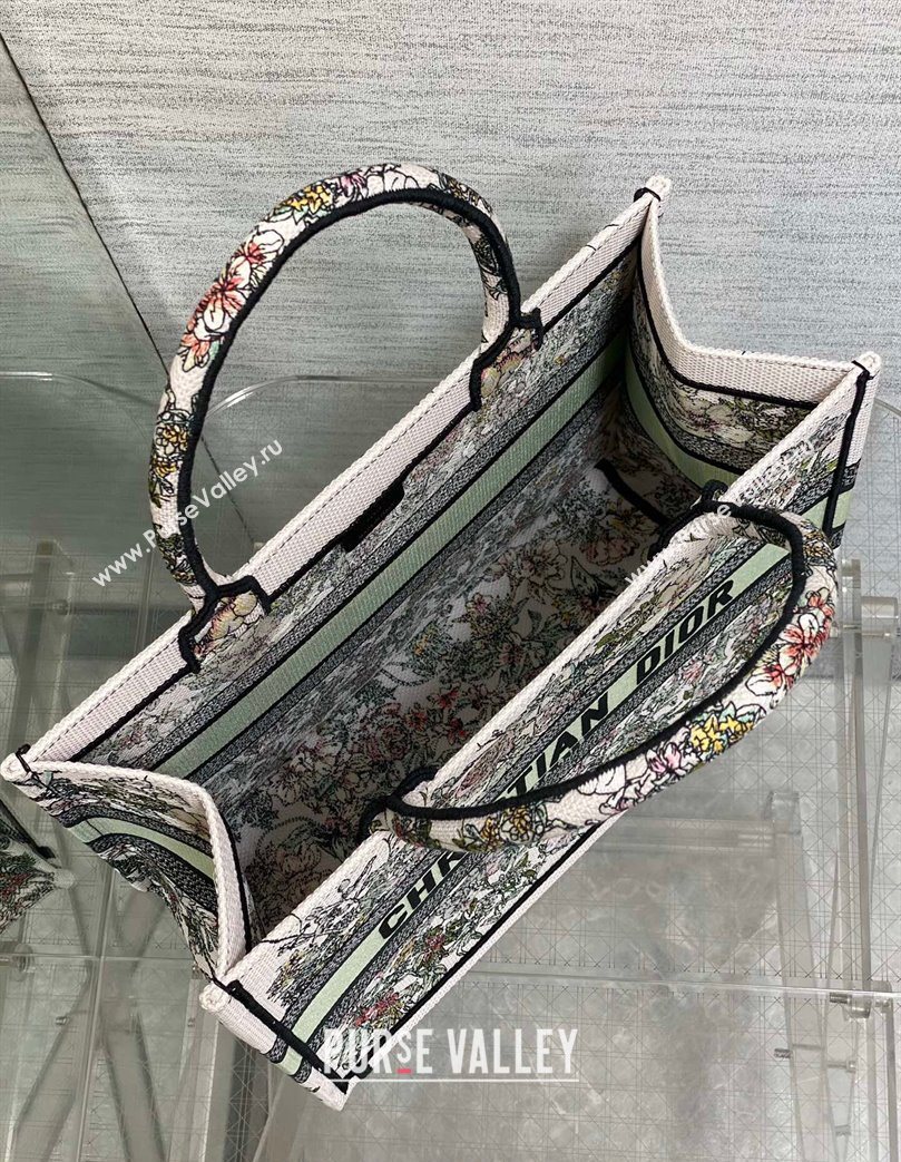 Dior Medium Book Tote Bag in Latte White Embroidery with Green Multicolor D-Floral Embroidery 2025 (XXG-250627074)