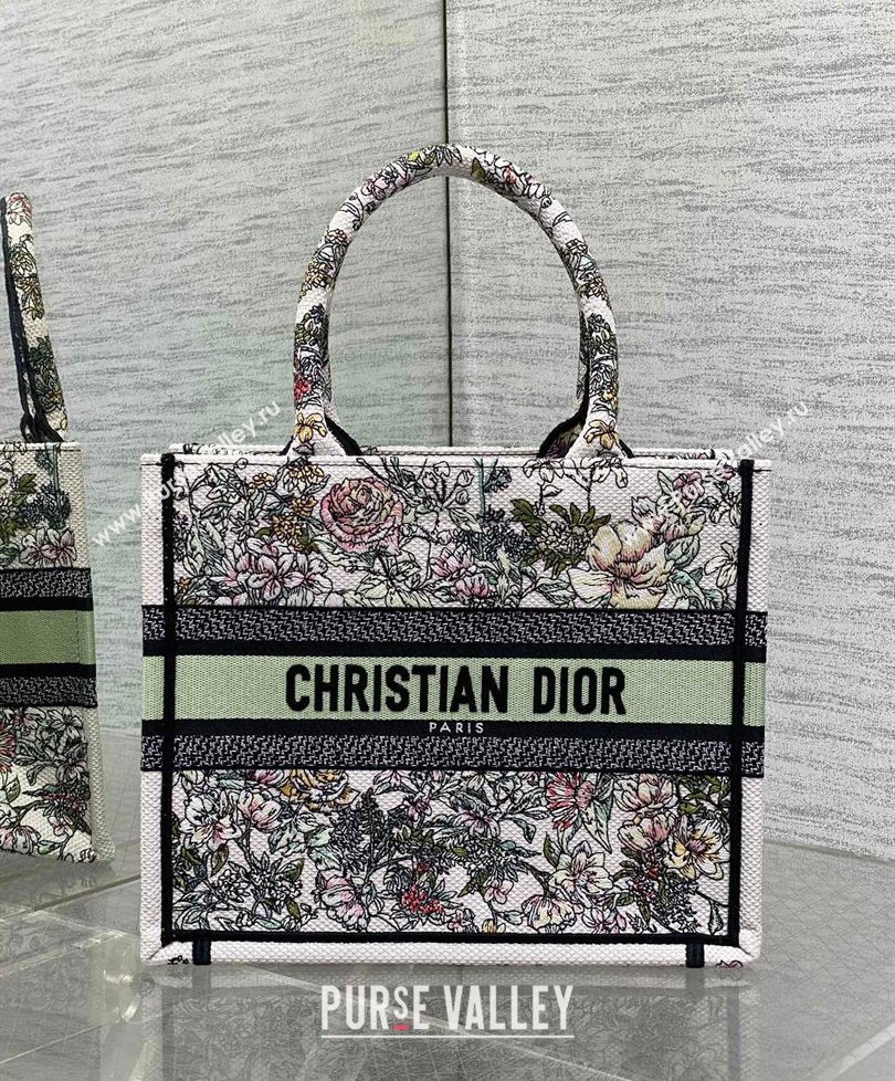 Dior Small Book Tote Bag in Latte White Embroidery with Green Multicolor D-Floral Embroidery 2025 (XXG-250627073)