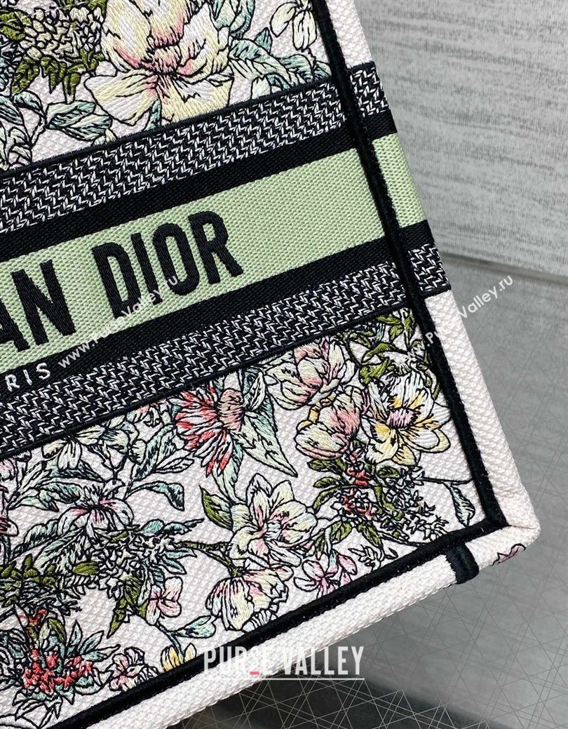 Dior Small Book Tote Bag in Latte White Embroidery with Green Multicolor D-Floral Embroidery 2025 (XXG-250627073)