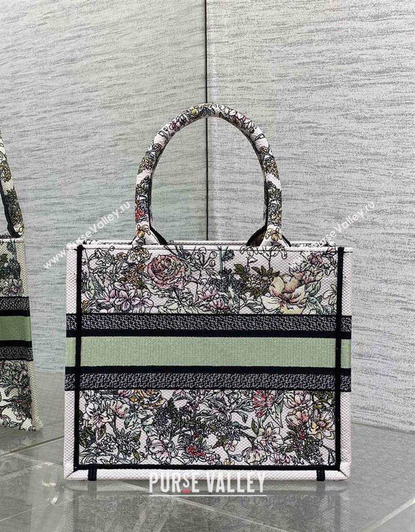 Dior Small Book Tote Bag in Latte White Embroidery with Green Multicolor D-Floral Embroidery 2025 (XXG-250627073)