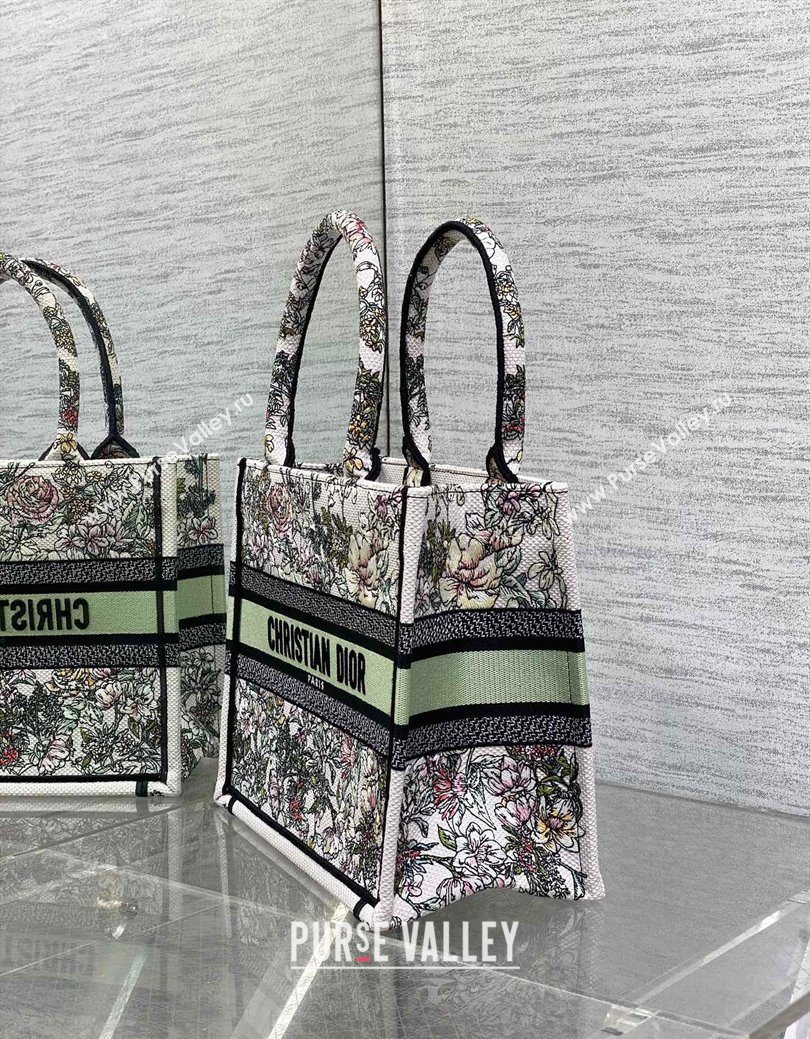 Dior Small Book Tote Bag in Latte White Embroidery with Green Multicolor D-Floral Embroidery 2025 (XXG-250627073)