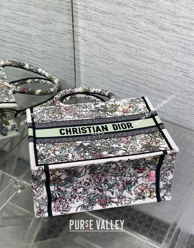 Dior Small Book Tote Bag in Latte White Embroidery with Green Multicolor D-Floral Embroidery 2025 (XXG-250627073)