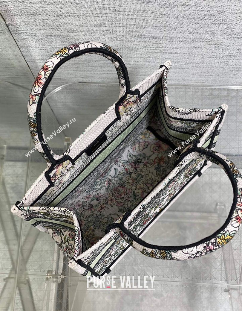 Dior Small Book Tote Bag in Latte White Embroidery with Green Multicolor D-Floral Embroidery 2025 (XXG-250627073)
