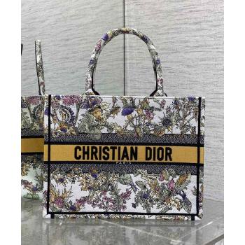 Dior Medium Book Tote Bag in Latte White Embroidery with Yellow Multicolor Dior Chardons Motif 2025 (XXG-250627066)