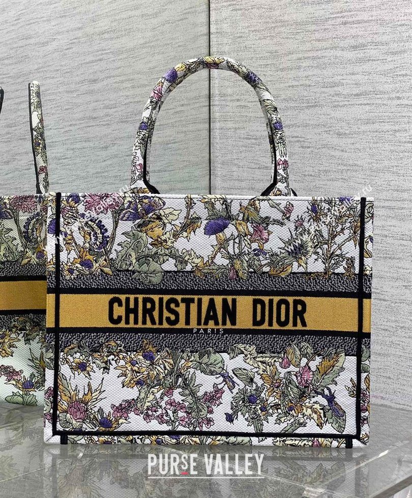 Dior Medium Book Tote Bag in Latte White Embroidery with Yellow Multicolor Dior Chardons Motif 2025 (XXG-250627066)