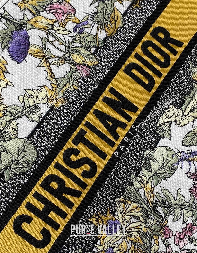 Dior Medium Book Tote Bag in Latte White Embroidery with Yellow Multicolor Dior Chardons Motif 2025 (XXG-250627066)