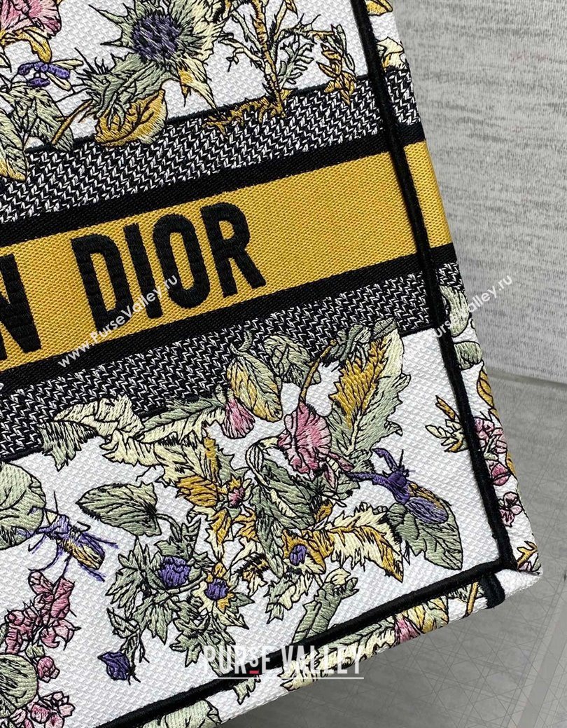 Dior Medium Book Tote Bag in Latte White Embroidery with Yellow Multicolor Dior Chardons Motif 2025 (XXG-250627066)