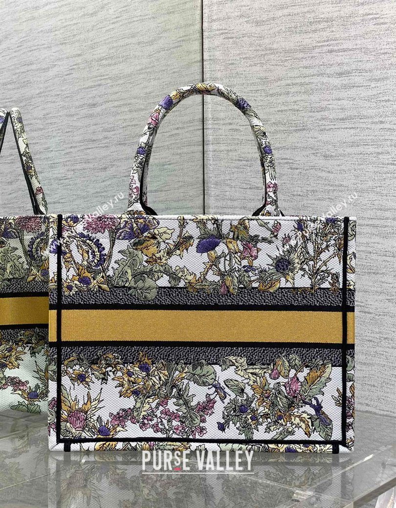 Dior Medium Book Tote Bag in Latte White Embroidery with Yellow Multicolor Dior Chardons Motif 2025 (XXG-250627066)