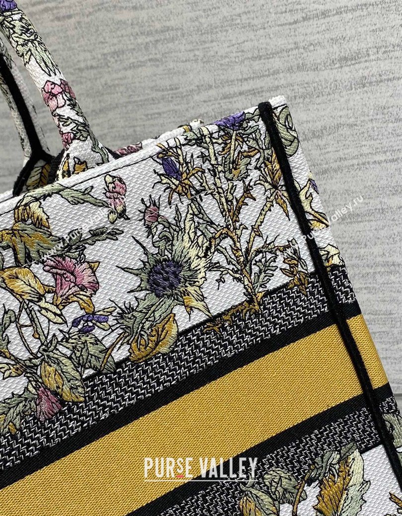Dior Medium Book Tote Bag in Latte White Embroidery with Yellow Multicolor Dior Chardons Motif 2025 (XXG-250627066)