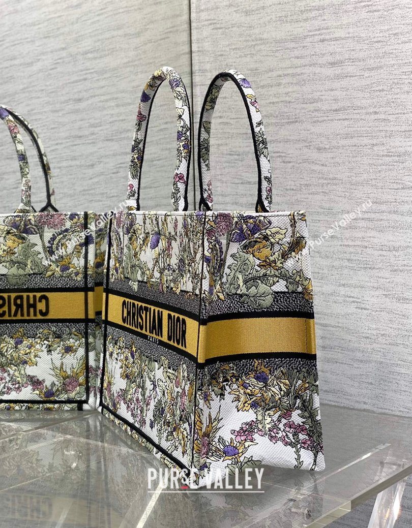Dior Medium Book Tote Bag in Latte White Embroidery with Yellow Multicolor Dior Chardons Motif 2025 (XXG-250627066)