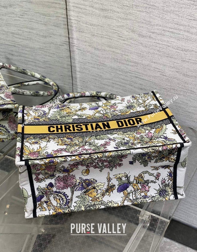 Dior Medium Book Tote Bag in Latte White Embroidery with Yellow Multicolor Dior Chardons Motif 2025 (XXG-250627066)