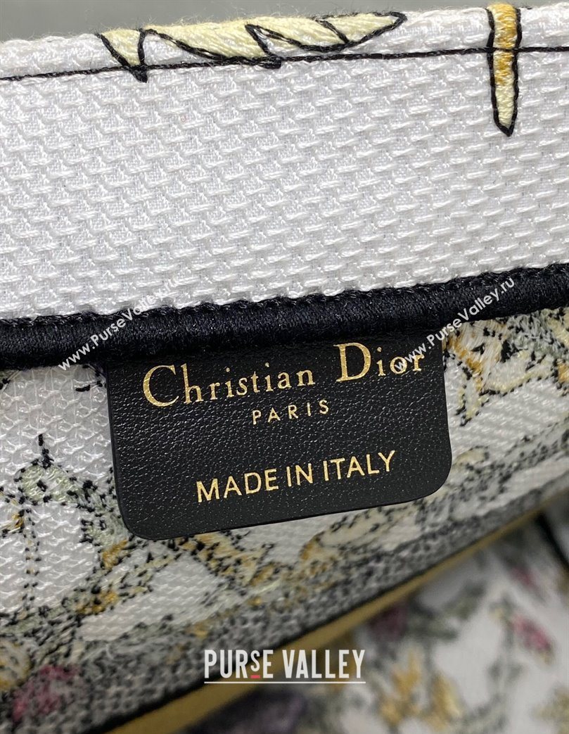 Dior Medium Book Tote Bag in Latte White Embroidery with Yellow Multicolor Dior Chardons Motif 2025 (XXG-250627066)