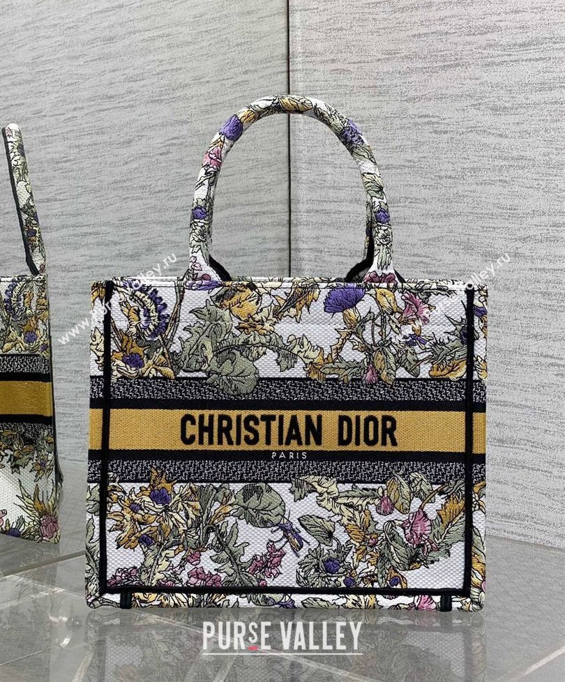 Dior Small Book Tote Bag in Latte White Embroidery with Yellow Multicolor Dior Chardons Motif 2025 (XXG-250627067)