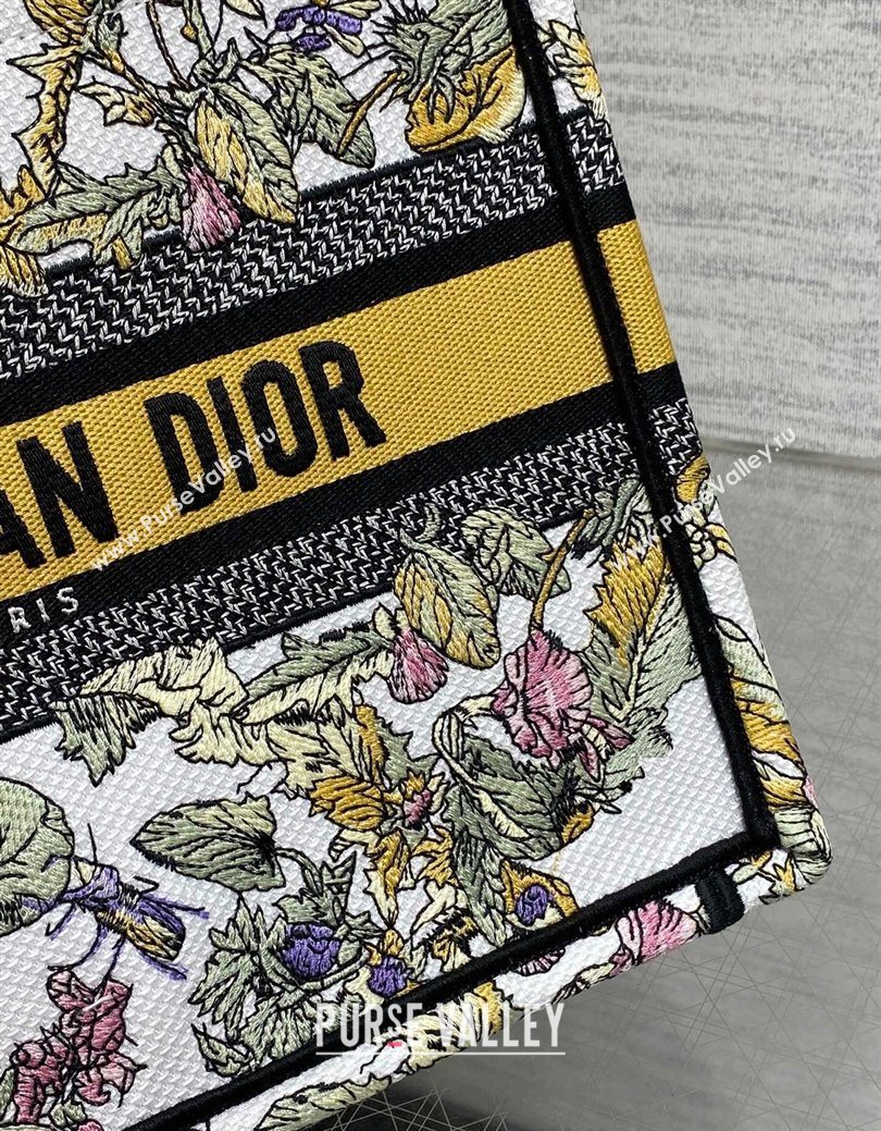 Dior Small Book Tote Bag in Latte White Embroidery with Yellow Multicolor Dior Chardons Motif 2025 (XXG-250627067)