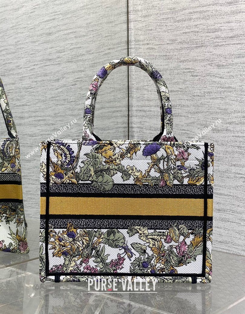 Dior Small Book Tote Bag in Latte White Embroidery with Yellow Multicolor Dior Chardons Motif 2025 (XXG-250627067)