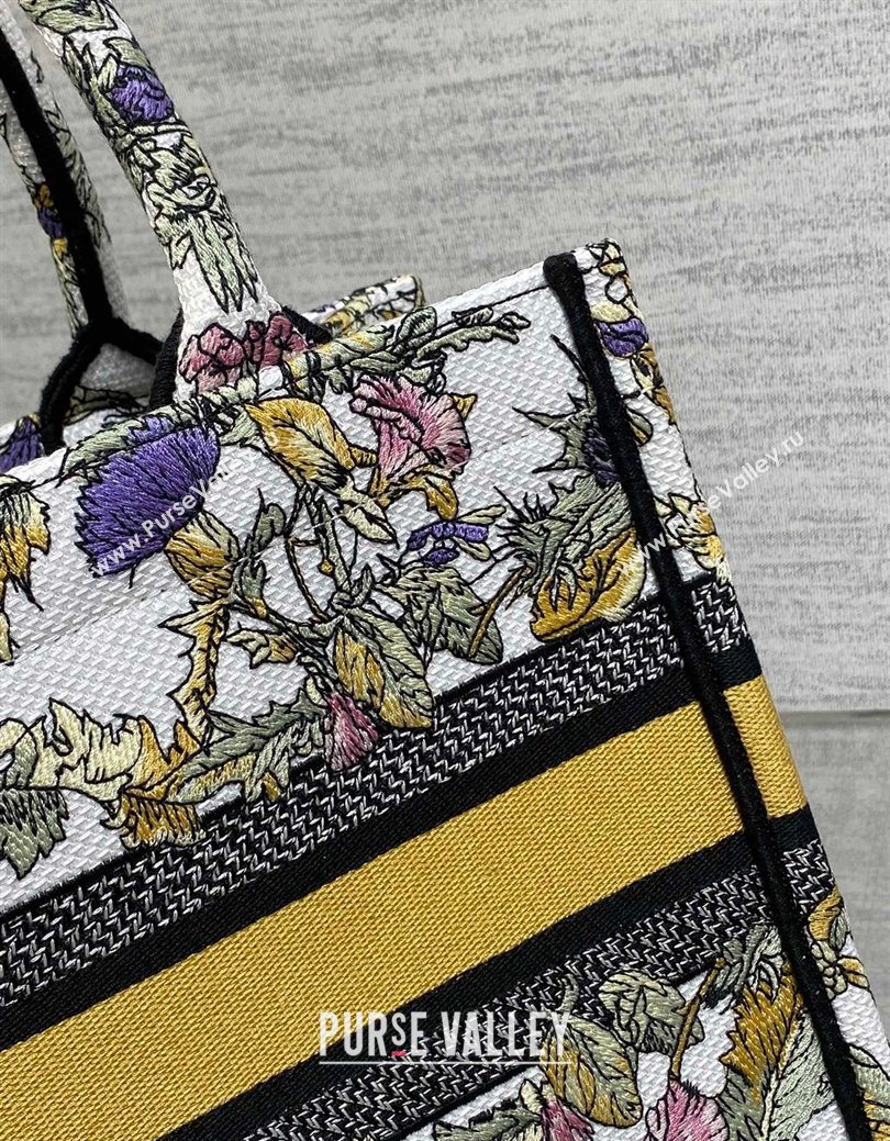 Dior Small Book Tote Bag in Latte White Embroidery with Yellow Multicolor Dior Chardons Motif 2025 (XXG-250627067)