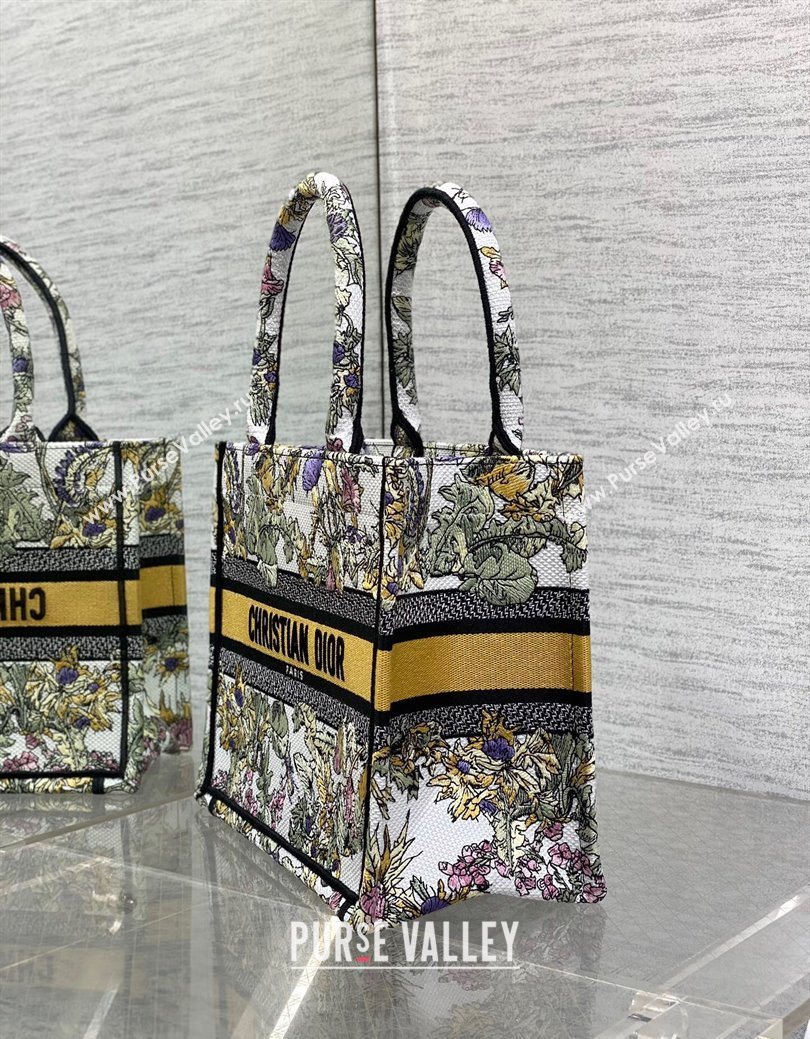 Dior Small Book Tote Bag in Latte White Embroidery with Yellow Multicolor Dior Chardons Motif 2025 (XXG-250627067)