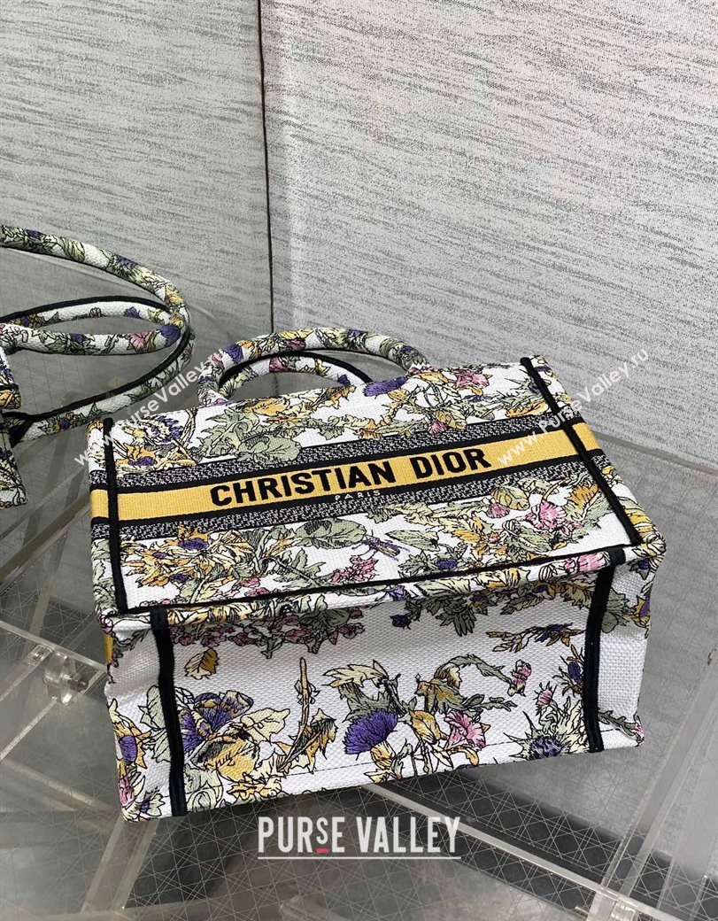 Dior Small Book Tote Bag in Latte White Embroidery with Yellow Multicolor Dior Chardons Motif 2025 (XXG-250627067)