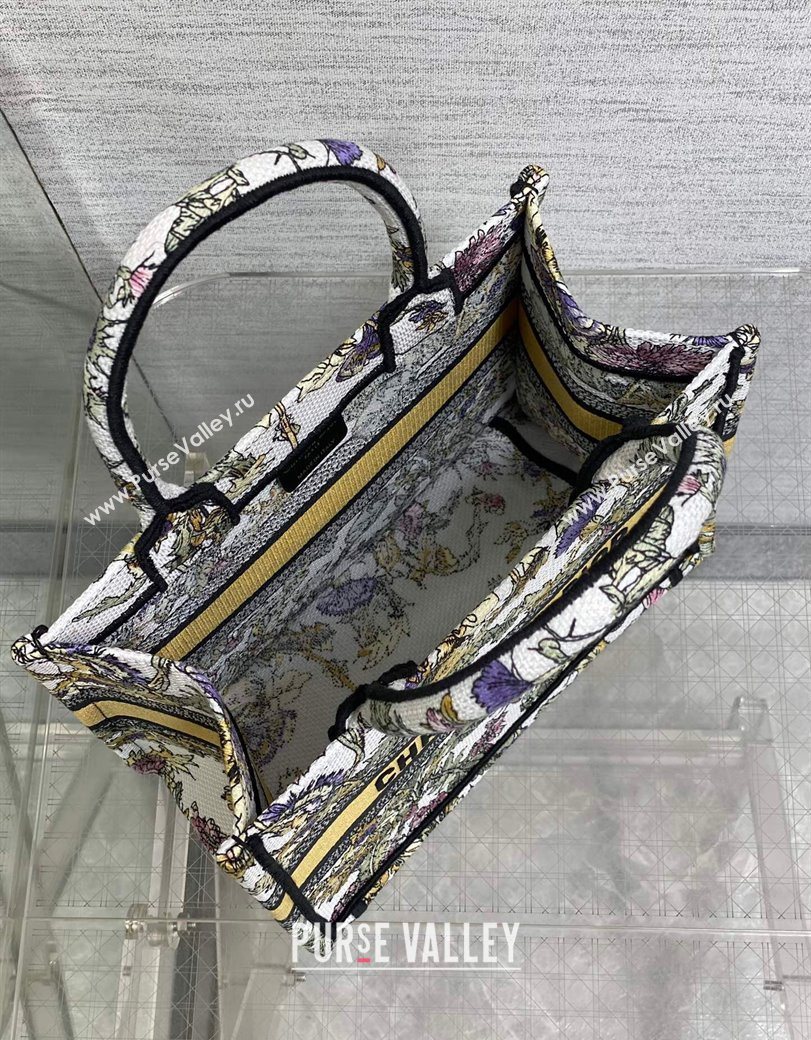 Dior Small Book Tote Bag in Latte White Embroidery with Yellow Multicolor Dior Chardons Motif 2025 (XXG-250627067)