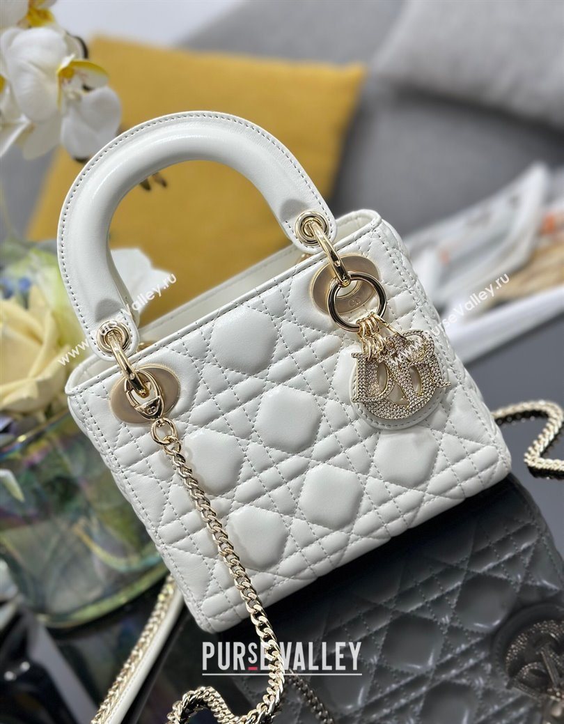 Dior Mini Lady Dior Bag in Cannage Lambskin with Strass White 2025 M0505 0627 (XXG-250627045)