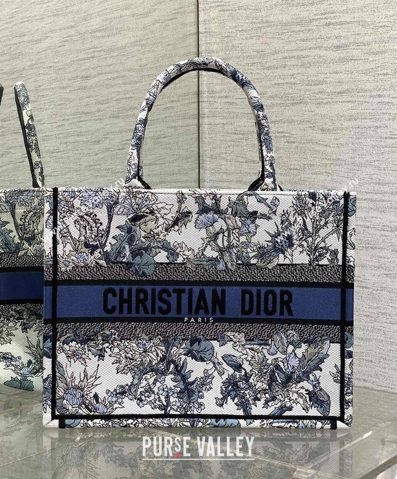 Dior Medium Book Tote Bag in Latte White Embroidery with Blue Multicolor Dior Chardons Motif 2025 (XXG-250627068)