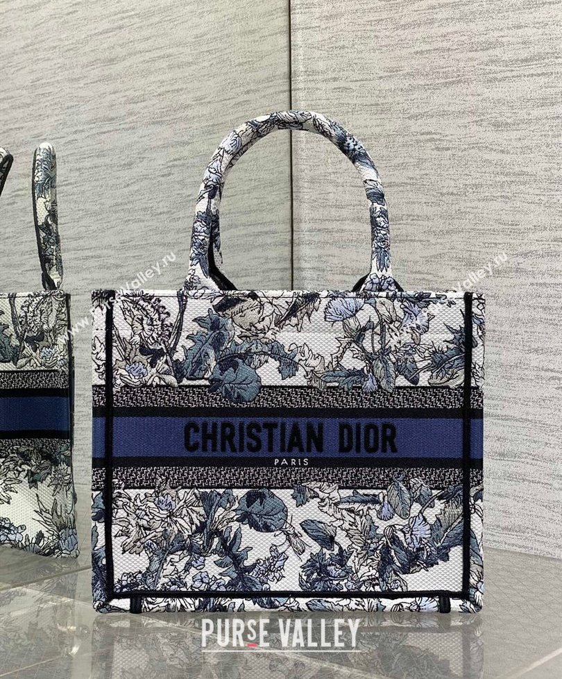 Dior Small Book Tote Bag in Latte White Embroidery with Blue Multicolor Dior Chardons Motif 2025 (XXG-250627069)