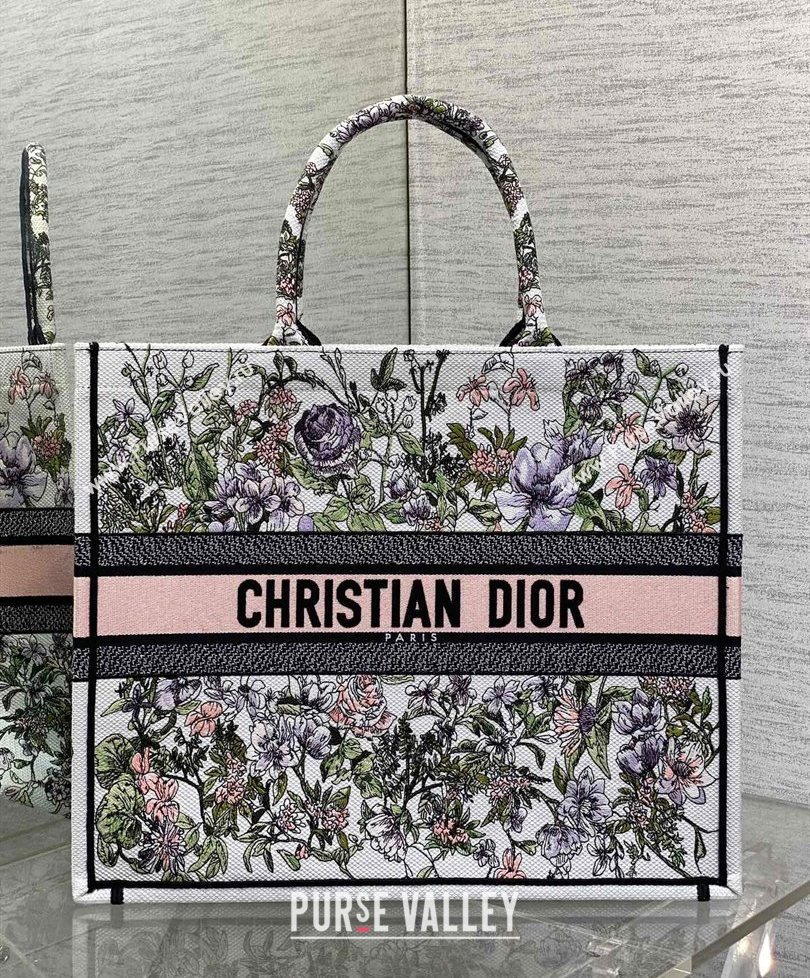 Dior Large Book Tote Bag in Latte White Embroidery with Pink Multicolor D-Floral Embroidery 2025 (XXG-250627071)