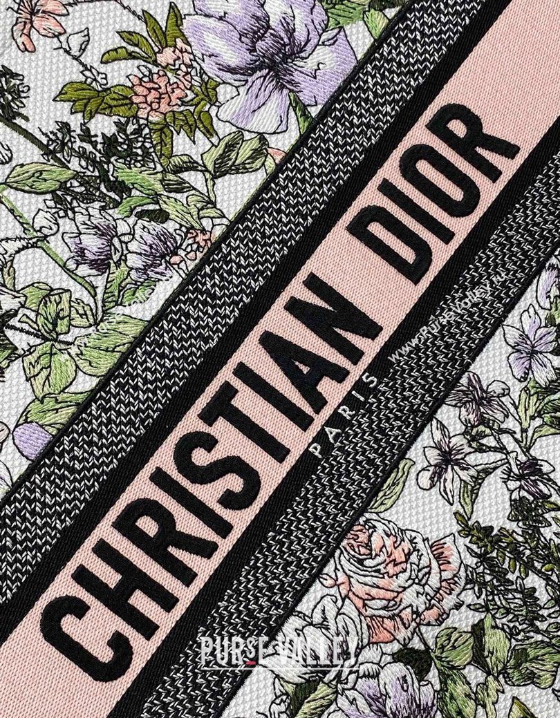 Dior Large Book Tote Bag in Latte White Embroidery with Pink Multicolor D-Floral Embroidery 2025 (XXG-250627071)