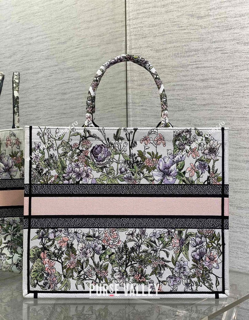 Dior Large Book Tote Bag in Latte White Embroidery with Pink Multicolor D-Floral Embroidery 2025 (XXG-250627071)