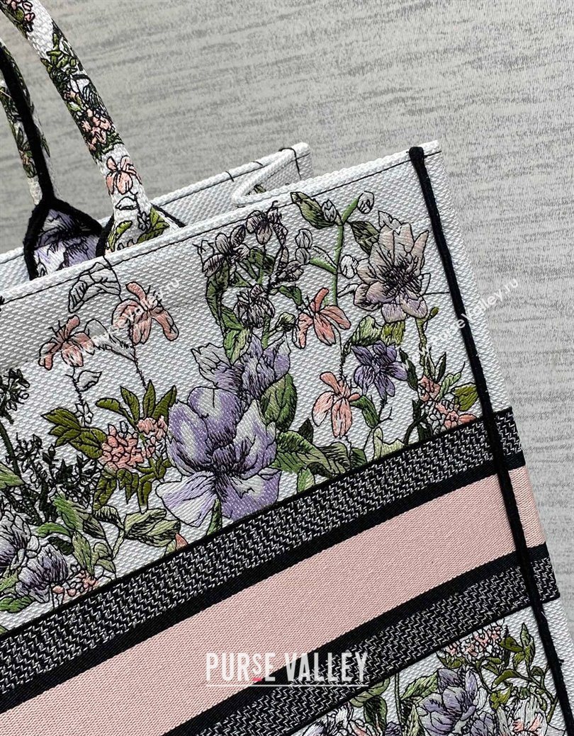 Dior Large Book Tote Bag in Latte White Embroidery with Pink Multicolor D-Floral Embroidery 2025 (XXG-250627071)