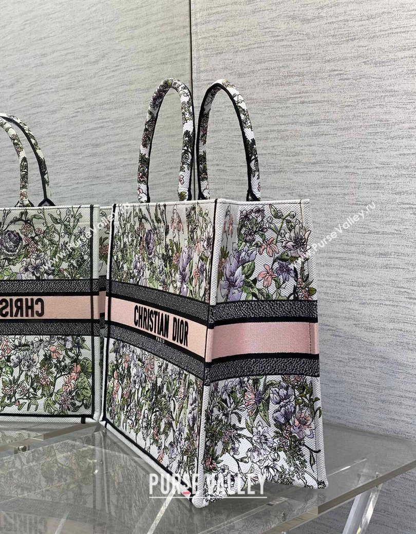 Dior Large Book Tote Bag in Latte White Embroidery with Pink Multicolor D-Floral Embroidery 2025 (XXG-250627071)