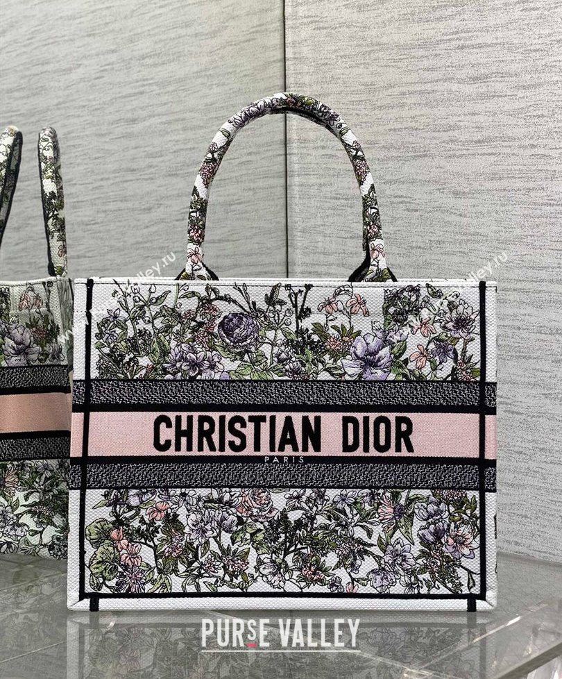 Dior Medium Book Tote Bag in Latte White Embroidery with Pink Multicolor D-Floral Embroidery 2025 (XXG-250627070)