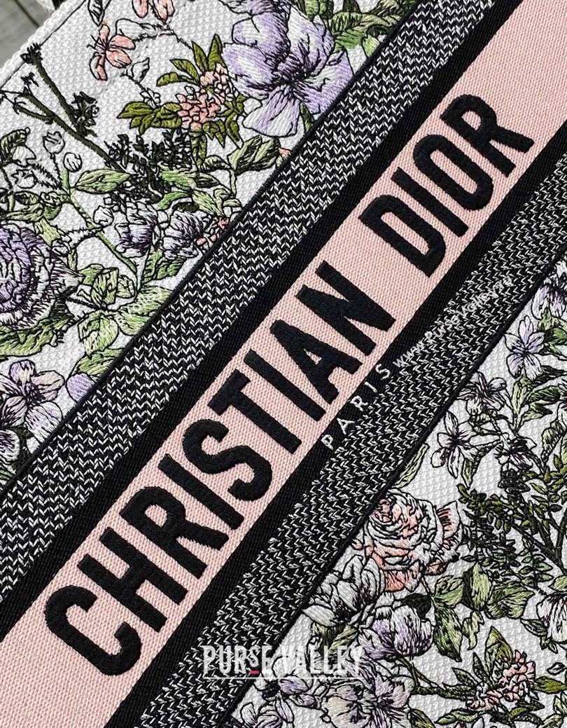 Dior Medium Book Tote Bag in Latte White Embroidery with Pink Multicolor D-Floral Embroidery 2025 (XXG-250627070)