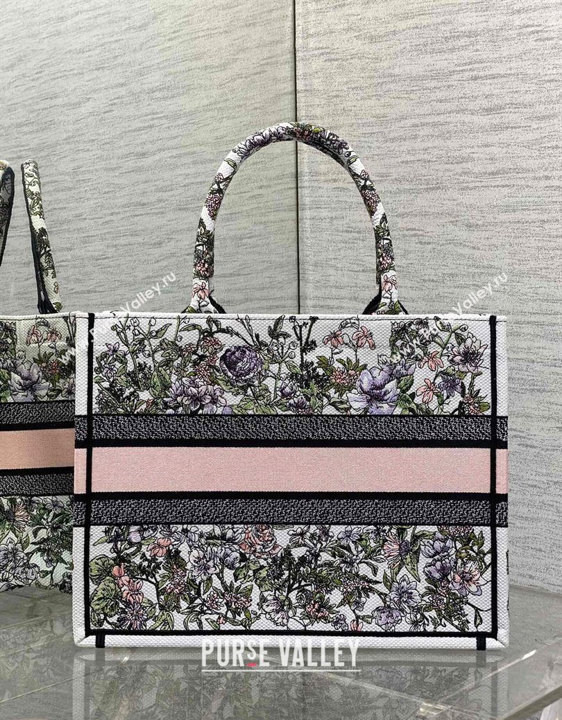 Dior Medium Book Tote Bag in Latte White Embroidery with Pink Multicolor D-Floral Embroidery 2025 (XXG-250627070)