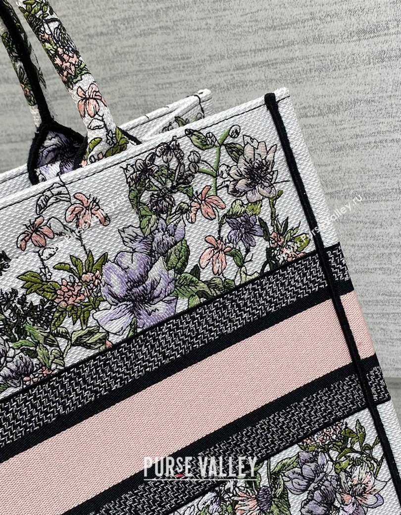 Dior Medium Book Tote Bag in Latte White Embroidery with Pink Multicolor D-Floral Embroidery 2025 (XXG-250627070)