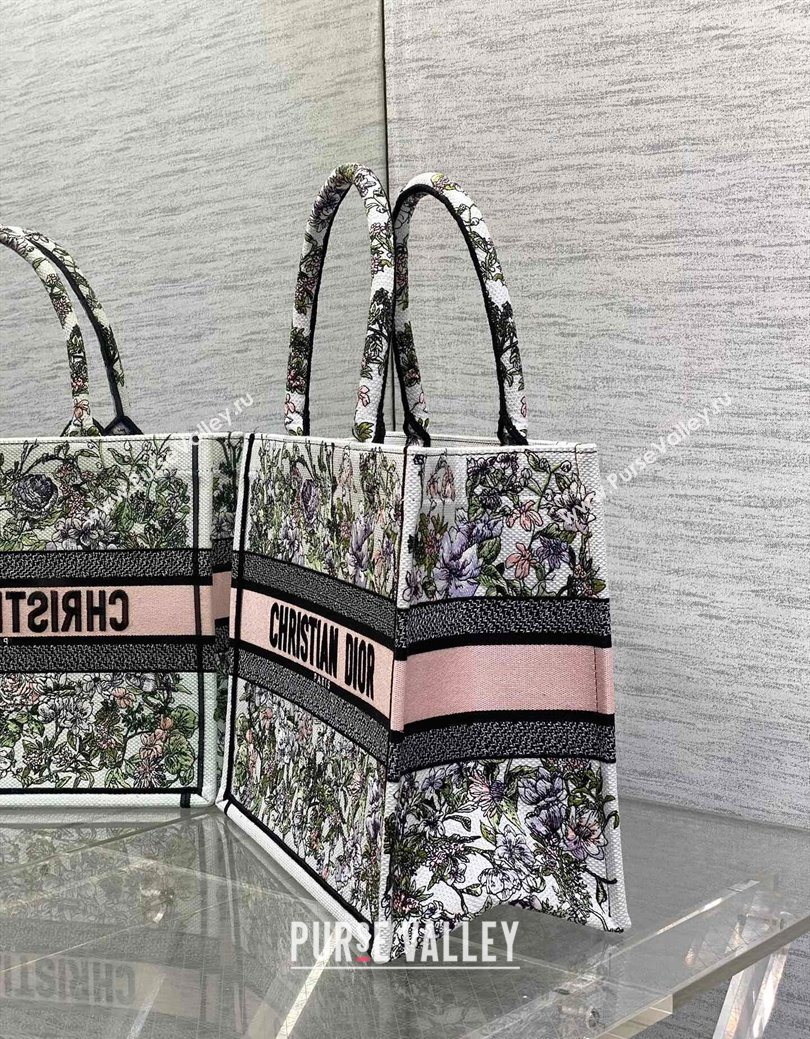 Dior Medium Book Tote Bag in Latte White Embroidery with Pink Multicolor D-Floral Embroidery 2025 (XXG-250627070)