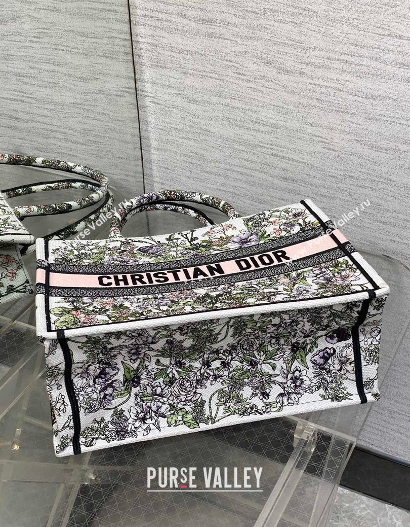 Dior Medium Book Tote Bag in Latte White Embroidery with Pink Multicolor D-Floral Embroidery 2025 (XXG-250627070)