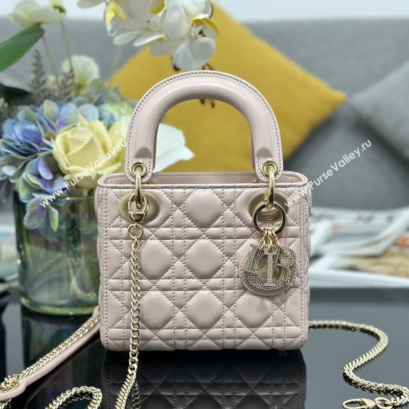 Dior Mini Lady Dior Bag in Cannage Lambskin with Strass Light Pink 2025 M0505 0627 (XXG-250627046)