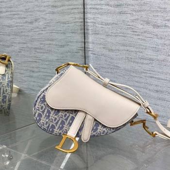 Dior Mini Saddle Bag with Strap in Blue Dior Oblique Chambray with Raffia Effect and White Calfskin 2025 (XXG-250627077)